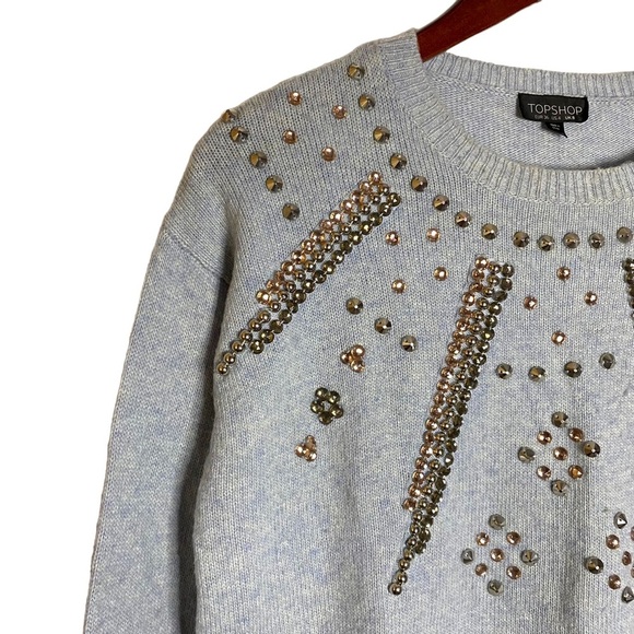 Topshop Heather Blue Long Sleeve Knit Jewel Studded Crewneck Sweater 4 - Picture 6 of 16